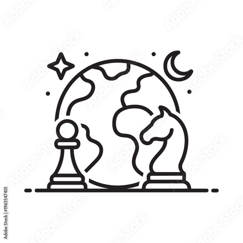 A linear illustration depicting earth a chess pawn and a knight under a crescent moon