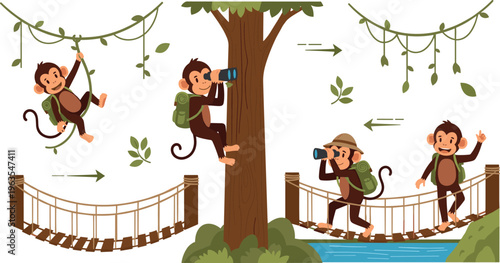 Cute Cartoon Monkey Explorer Character Set Swinging, Climbing, and Walking Across Rope Bridges in Jungle, Forest Adventure, and Wildlife Vector Illustration Collection