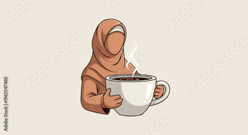 Person in hijab holding a large steaming mug of coffee