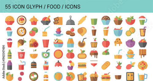 Set of assorted food and beverage icons arranged in organized grid design clean line art vector illustration collection
