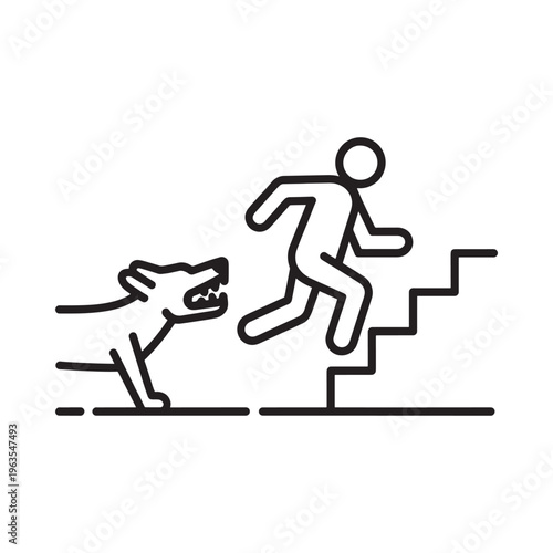 A simple line drawing depicts a person fleeing up stairs from a snarling dog