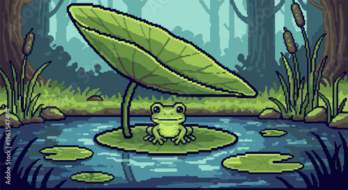 Pixel art frog under a large leaf in a serene pond with reeds