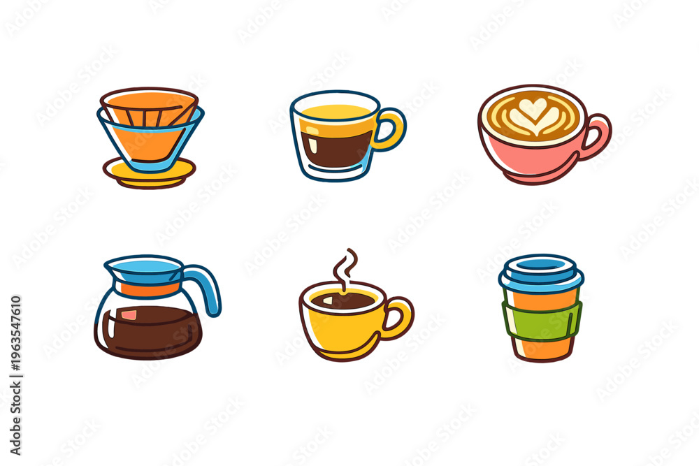 Fototapeta premium Different types of coffee drinks displayed on a white background with colorful designs in various cups and a coffee maker