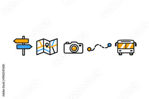 Signs showing directions, a map, a camera, a route, and a bus represent travel and exploration in a modern context