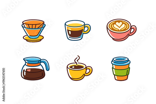 Different types of coffee drinks displayed on a white background with colorful designs in various cups and a coffee maker