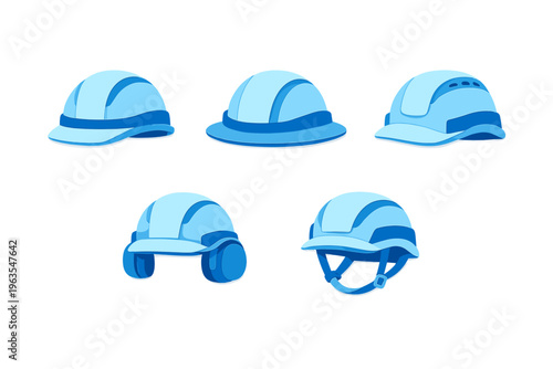 Different types of blue hats for various activities shown in a simple row on a white background for easy viewing