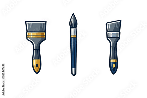 Three paintbrushes displayed in a row with different shapes and designs on a simple background