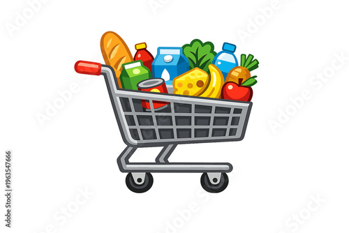 Grocery cart filled with various food items including fruits, vegetables, and drinks in a shopping setting