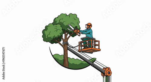 Person in lift platform prunes tree branches with chainsaw
