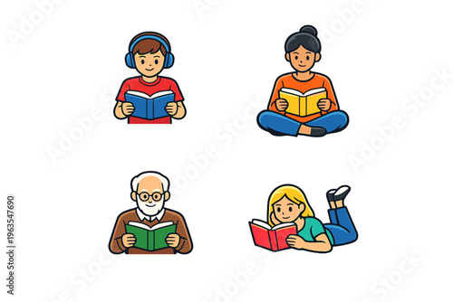 People of different ages reading books in various positions indoors during daytime