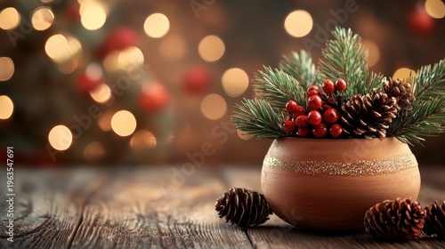 Festive Christmas holiday decorations with warm bokeh background on a rustic wooden table