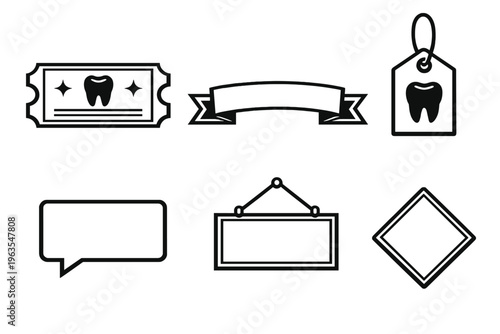 Different dental symbols and badges showing teeth related designs and styles for dental services or promotions in a simple arrangement
