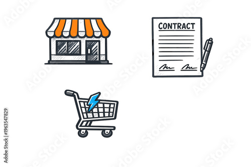 Business shop with contract and shopping cart during a sale event in a local market setting