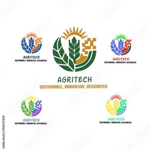 Set of modern agritech and agriculture logo templates. Green leaf and plant symbols for organic farming, smart tech, and eco-friendly business. Flat vector icons for corporate identity branding.