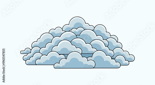 Pile of fluffy, stylized blue and white clouds against a pale background
