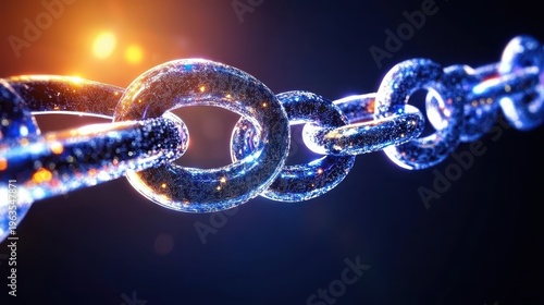 Glistening holographic blockchain chain links illuminated in a futuristic digital environment, representing secure data connections and technological innovation.