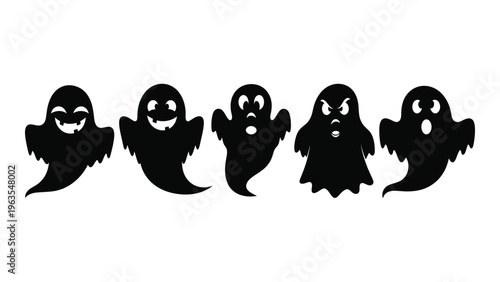 Five black ghosts with white eyes on white background