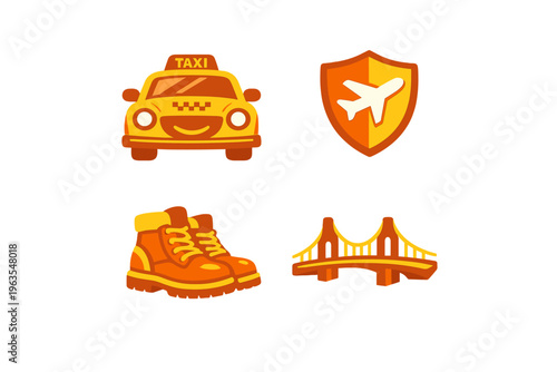 Travel icons showing taxi, shield, boots, and bridge linked to city exploration and adventure activities