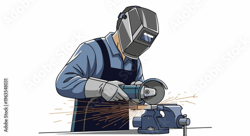 Person in protective gear using an angle grinder on metal secured in a vice