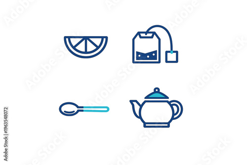 Lemon, teabag, spoon, and teapot arranged on a white background in a simple design