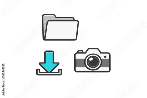 Graphics showing a folder, download symbol, and camera for file management and media storage methods