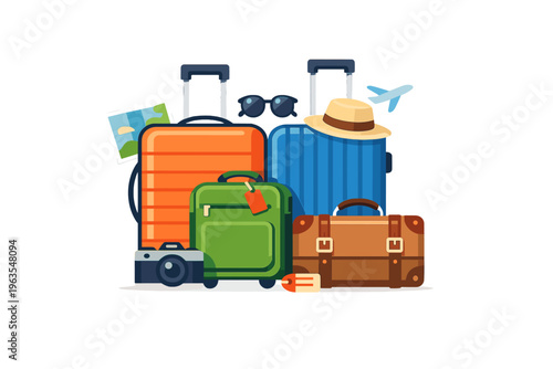 Luggage and travel items arranged for a trip to an unknown destination with a map, sunglasses, and a camera present