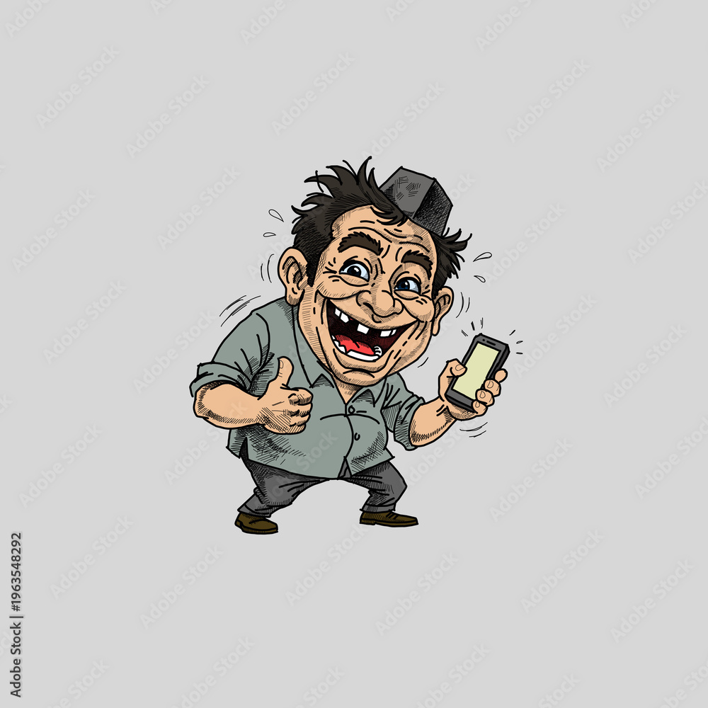 Naklejka premium Funny caricature of a middle-aged man using a smartphone. Joyful male character holding a mobile phone with expressive style. Colorful flat vector illustration for social media and tech concept.