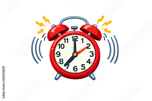 Red alarm clock ringing loudly at two o'clock marking the start of a new day for many people around the world