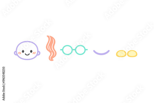 Different character design features in simple shapes and colors showing head, hair, glasses, and facial features in a playful manner