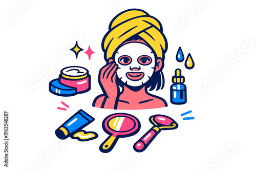 Woman applying face mask at home while surrounded by skincare products and tools during daytime