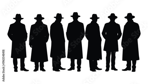 Silhouettes of seven men in hats and coats