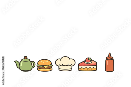 Food items and cooking tools arranged from left to right with flavors and preparations in a simple layout that shows a culinary theme