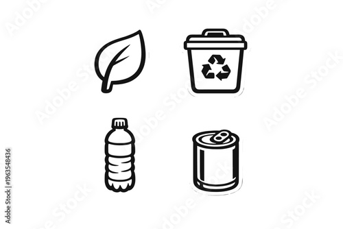 Environmental symbols showing a leaf, recycling bin, plastic bottle, and aluminum can