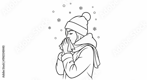 Person in winter attire, holding tissue to face, with snowflakes falling