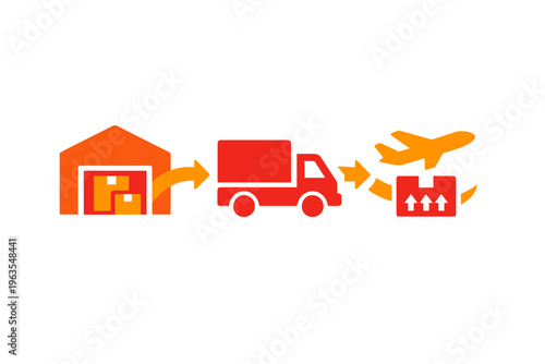 Supply chain process showing packaging, transportation, and air freight for delivery of goods