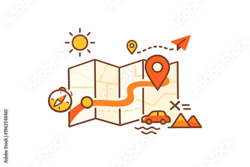 Travel map showing route with markers, compass, car, and destination icons under clear sky