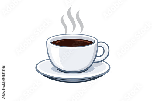 Warm cup of coffee sits on a white saucer with steam rising at a cozy cafe setting in the morning
