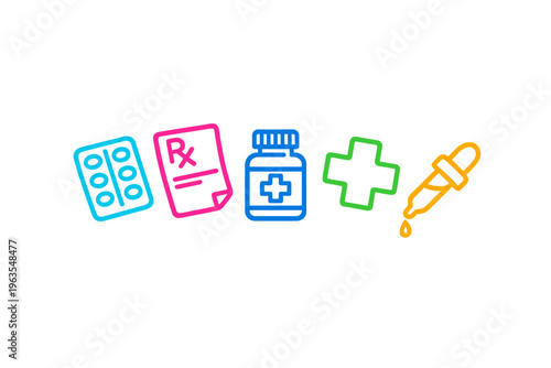 Healthcare symbols representing medication, prescriptions, and medical supplies in a bright and simple design