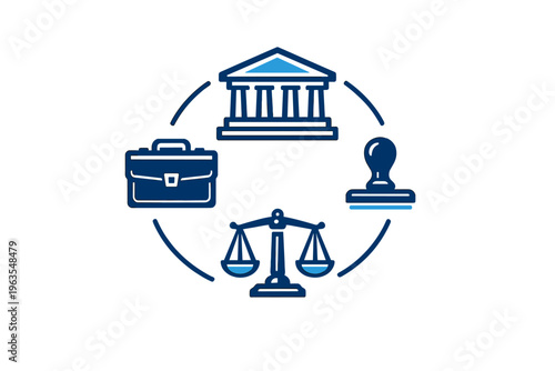 Legal symbols showing law, justice, and government in a simple design