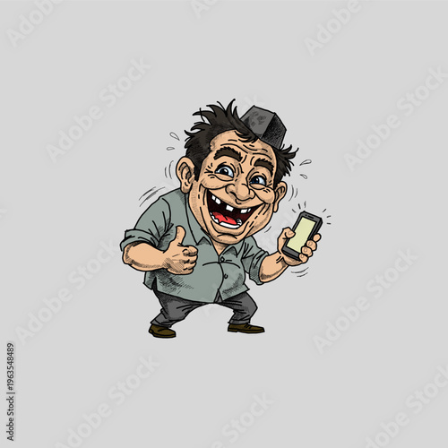 Funny caricature of a middle-aged man using a smartphone. Joyful male character holding a mobile phone with expressive style. Colorful flat vector illustration for social media and tech concept.