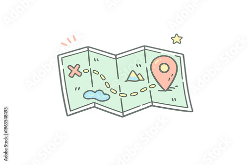 Cartoon map showing a route with a marker for a destination and some landscape symbols