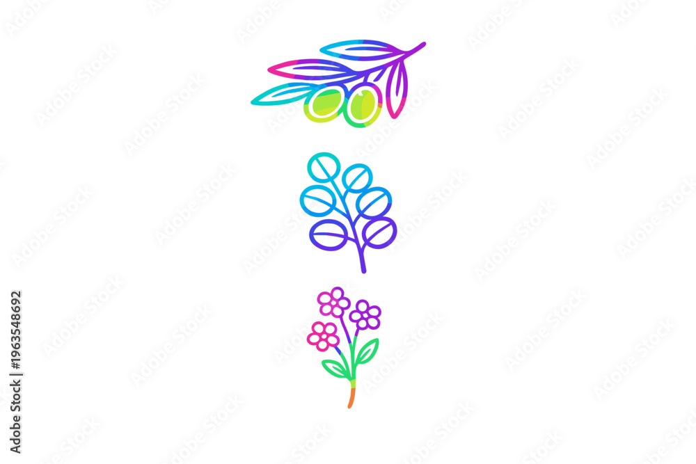 Obraz premium Design shows colorful leaves and flowers with outlines of green olives and small blooming flowers placed in a vertical arrangement