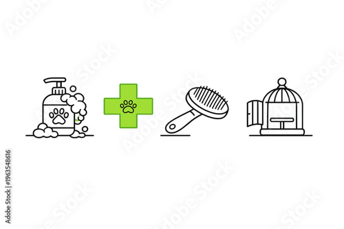 Steps for grooming a pet at home using shampoo, a brush, and a pet cage in a clean space