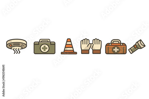 Safety items displayed in a row including a smoke detector, first aid kit, traffic cone, gloves, and a flashlight in a simple layout