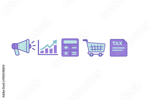 Business tools for managing taxes and finances with icons representing various tasks and activities in finance and marketing