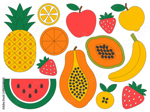 Assorted colorful tropical and common fruits arranged in a flat lay composition pineapple
