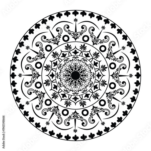 

Vintage black floral mandala vector illustration featuring an ornate round lace ornament and ethnic arabesque decoration element on a circular lace pattern design