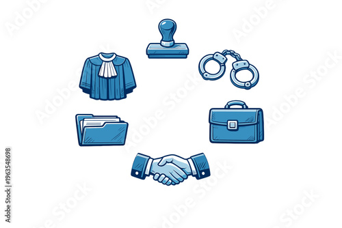 Icons related to law and justice in an abstract design with various legal symbols displayed in a circular pattern