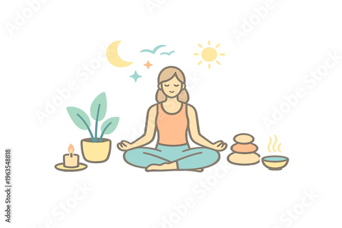 Meditation practice with a person sitting cross-legged by plants and candles at a simple setting