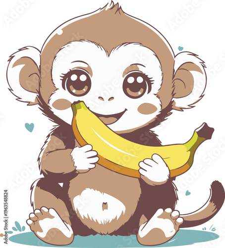 Cute monkey eating banana happily, kawaii sticker style, white background 2